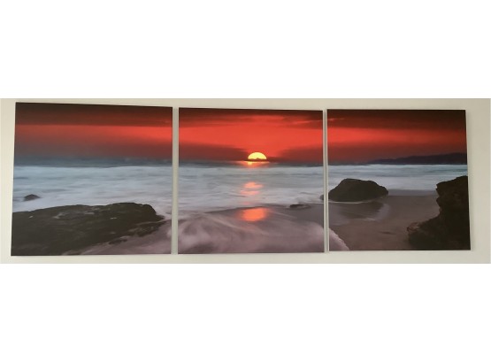 Beautiful Wooden Triptych Sunset From Corsica.  Red Colors Stand,Out Beautifully On Your Walls. Orig. 49.99