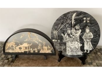 Vintage Chinese Cork Carving And Stone Painting With Wooden Display Stand