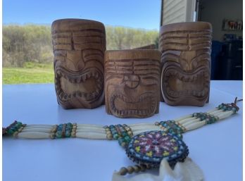 Lot Of Three Wood Tiki Mugs And Blue Glass Stripes Bone Choker Necklace With Beaded Medallion And Bird