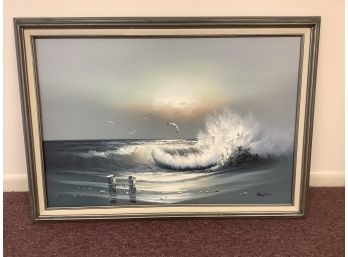 Beautiful Vintage 1970s Oil On Canvas Painting Ocean And Seagulls By Taylor