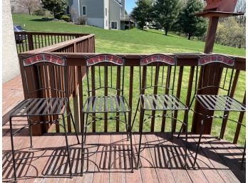 Four Black Wrought Iron Chairs With Colorful Ceramic Tile Accents