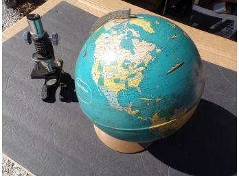 Lot Of Old Tin Globe And Microscope