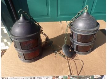 Pair Of Old Burnished Copper Lamps Electric W/orange Globes