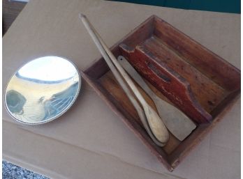 Lot Of Country Wood Utensil Tray W/ Spoons And Dog Trophy Dish