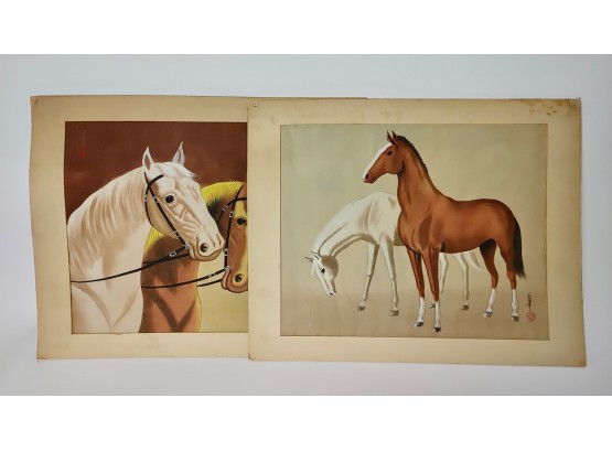 Vintage Japanese Equestrian Watercolors On Silk (2)