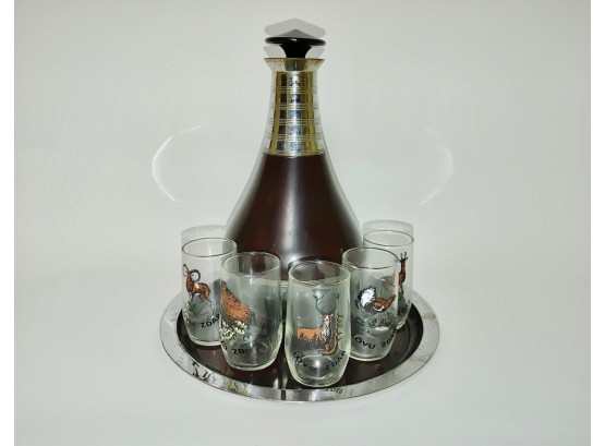Universal Chrome And Leather Decanter On Tray With Glasses