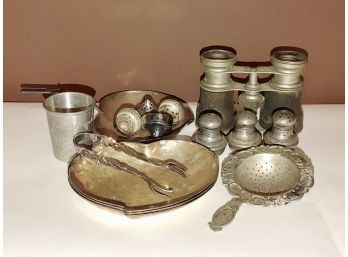 Sterling & Plated Silver Lot - Salts, Tongs, Shot Glass, Strainer, Binoculars, Dish
