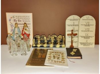 Lot Of Religious Articles - Statues, Last Supper, Medallion, 10 Commandments