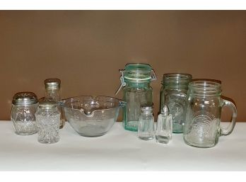 Kitchen Glassware Lot - Salt Shakers, Handled Mugs Measuring Bowl Cheese Shaker Etc.
