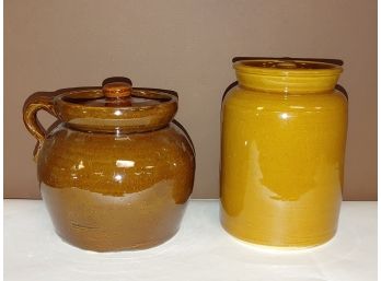 Pottery Bean Crock & Covered Pottery Jar