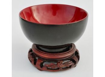 Asian Black & Red Lacquered Wood Bowl On Stand