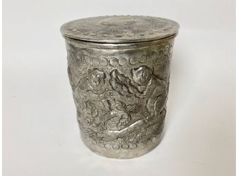 Silver Plated Embossed Monkey Decorated Covered Canister