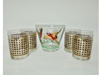 Game Bird Ice Bucket With George Briard Low Ball Glasses