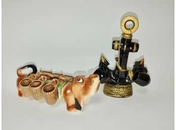 Japanese Pottery Dog Saki Set & Anchor Set