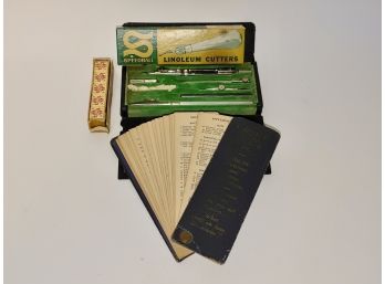 Four Vintage Items (4) - Protractor, Cutter, Menu Cards, Dice
