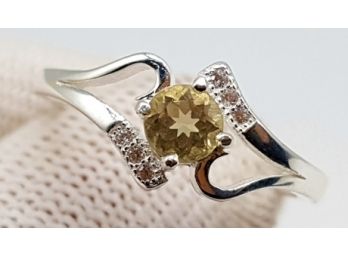 925 Sterling Silver Natural Yellow Citrine And Cubic Zirconium Ring - Size 9