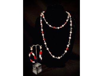 Vintage Red, White, And Blue Beaded Necklace And Earring Set