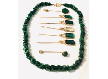 Gorgeous Collection Of Emerald/Malacite Tone Straight Pins/hat Pins And Necklace
