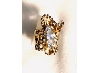 14 KT GP Statement Ring With Large Clear Stone.  Size 6