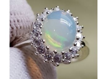925 Sterling Silver Multi Fire Opal And Cubic Zirconium Ladies Ring - Size 6