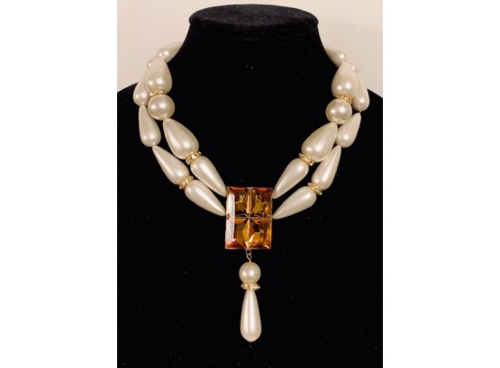 Fabulous Faux Pearl And Rhinestone Statement Evening Necklace