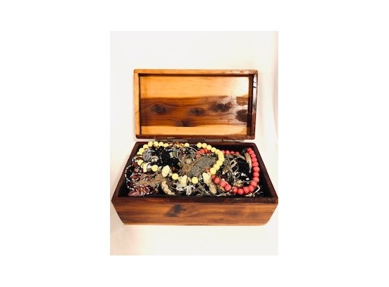 Wooden Box Filled With Costume And Craft Jewelry