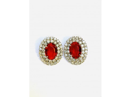 Ruby Red Rhinestone Pierced Button Earrings