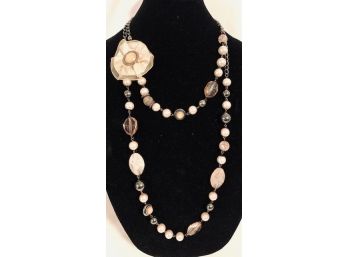 Elegant 2 Strand Faux Pearl With Fabric Flower Detail, Asymmetrically Designed.