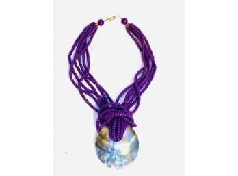Multistrand Purple Bead & Large Shell Pendant Necklace