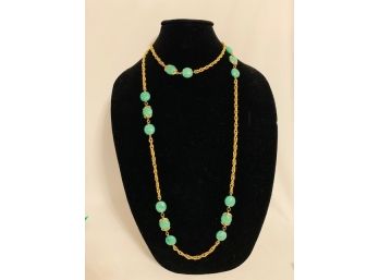 Opera Length Goldtone And Green Evening Necklace