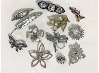 12 Silver Tone Brooches Including Vintage