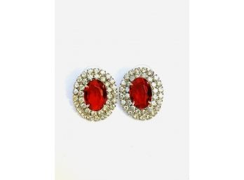 Ruby Red Rhinestone Pierced Button Earrings
