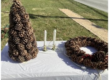 Lot Of 10 Electric Christmas Window Candles, Pinecone Tree And Wreath