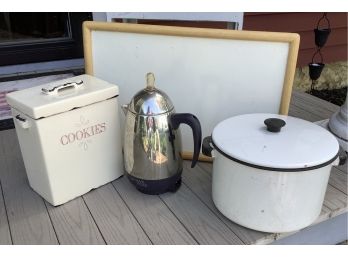 Bed Table, Cookie Jar, Coffee Pot And White Tin Pot