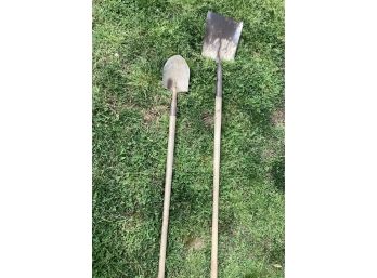 Two Vintage Wood Handle Shovels