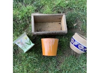 3 Vintage Ceramic Planters And One Wooden Planter Box