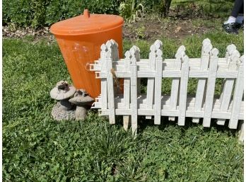 Plastic Garden Fence, Orange Plastic Pail And Toad And Turtle Garden Decor