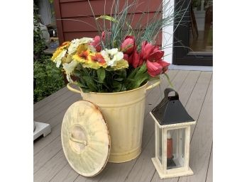 Yellow Decorative Tin Bin With Lid, Silk Flowers And Lantern With Candle