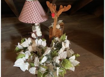 Decorative Wooden Reindeer, Snowman Lamp And Silk Flowers
