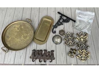 Lot Of Eight Vintage Brass Drawer Pulls Including Screws, Dog Wall Key Holder And More