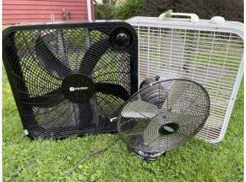 Two Box/window Fans And One Table Top Fan