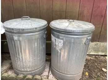 Set Of Two Galvanized Steel Trash Cans With Lid