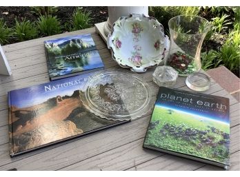 Lot Of Three Coffee Table Books, Beautiful Ceramic Dish From Germany,  Cake Plate And More