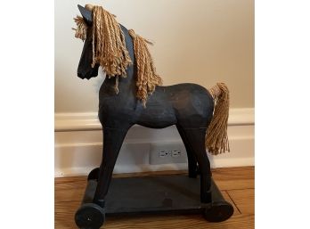 Vintage Wooden Horse On Wheels With Yarn Mane And Tail