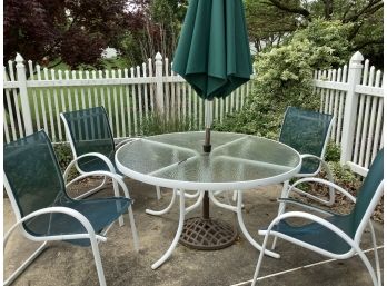 Outdoor Table, Four Chairs, Umbrella And Umbrella Stand