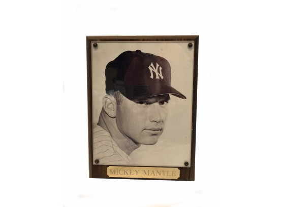 Mickey Mantle B/W Photo With Gold Engraved Plaque