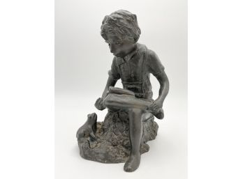 Boy With Book And Frog Plaster/Metal Patina Overlay