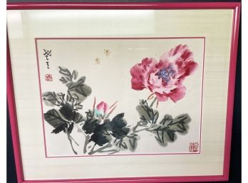 Framed Chinese Oriental Watercolor Peony Flowers Signed