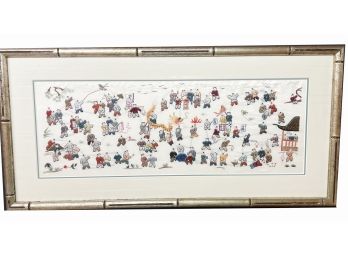 Asian Inspired Pure Silk Embroidered Scroll Children At Play Matted And Framed