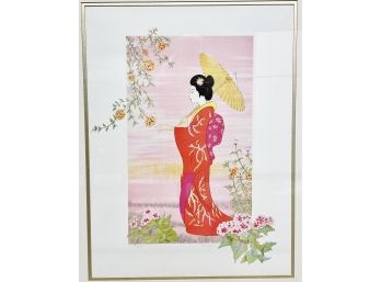 Japanese Pink Geisha Lithograph, Signed By The Artist